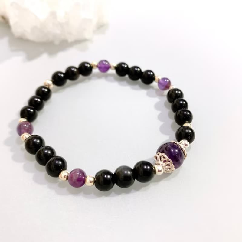 Ops Obsidian Silver bracelet-黑曜石/純銀/防小人/彈性/紫水晶