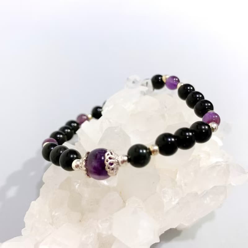 Ops Obsidian Silver bracelet-黑曜石/純銀/防小人/彈性/紫水晶
