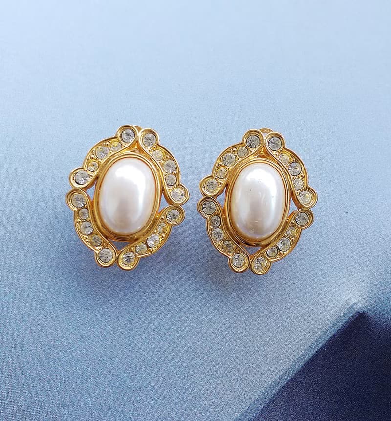Vintage Jewelry 西洋古董飾品 鑽框 華麗 橢圓 仿珠 夾式耳環