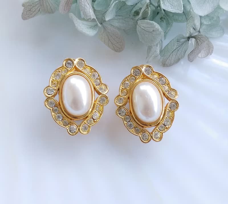 Vintage Jewelry 西洋古董飾品 鑽框 華麗 橢圓 仿珠 夾式耳環