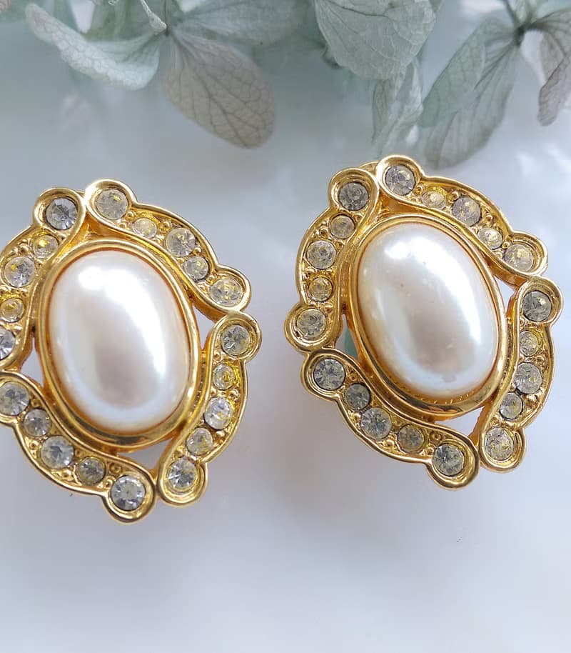 Vintage Jewelry 西洋古董飾品 鑽框 華麗 橢圓 仿珠 夾式耳環