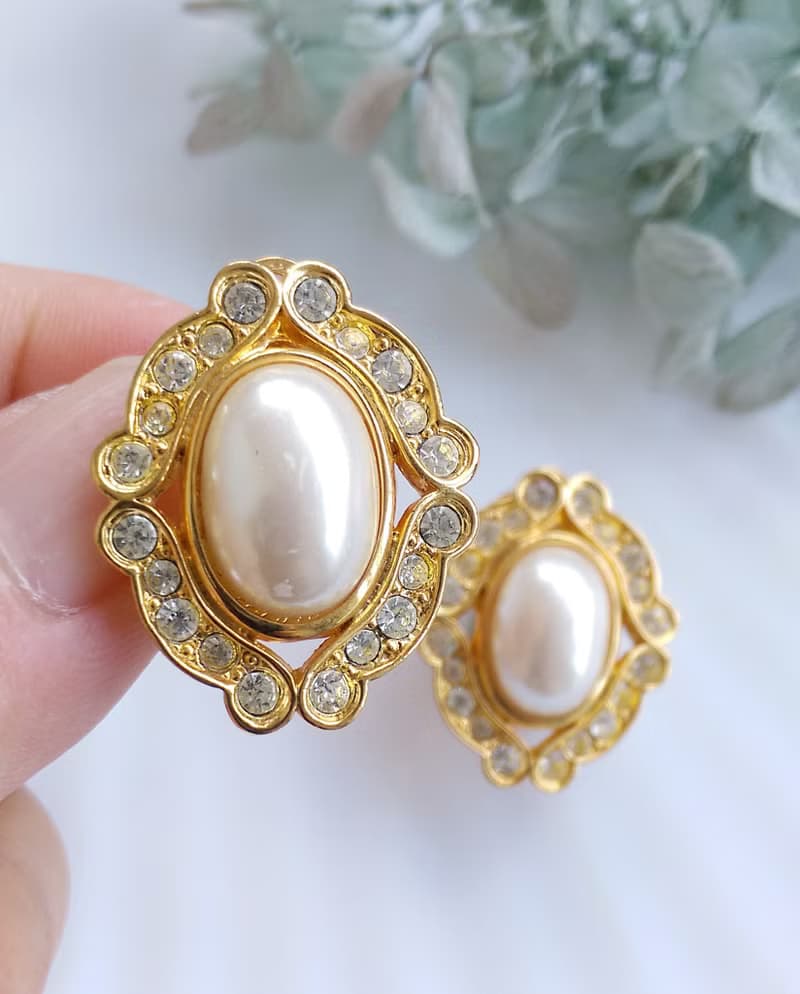 Vintage Jewelry 西洋古董飾品 鑽框 華麗 橢圓 仿珠 夾式耳環