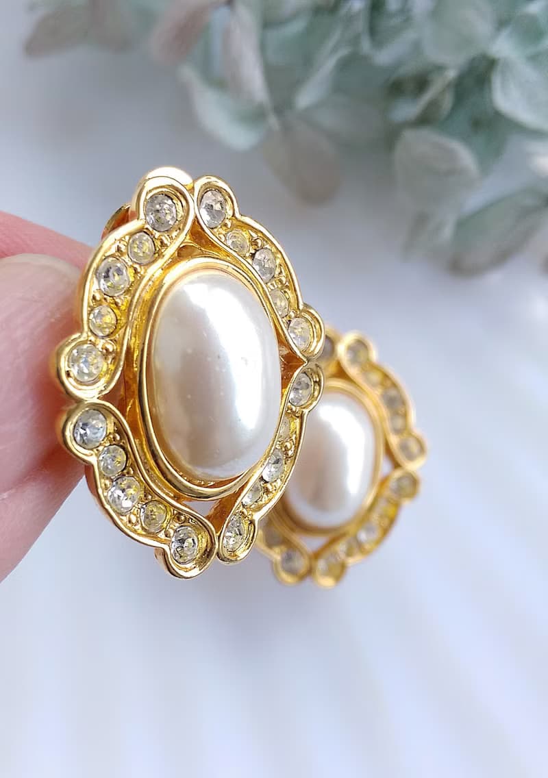Vintage Jewelry 西洋古董飾品 鑽框 華麗 橢圓 仿珠 夾式耳環