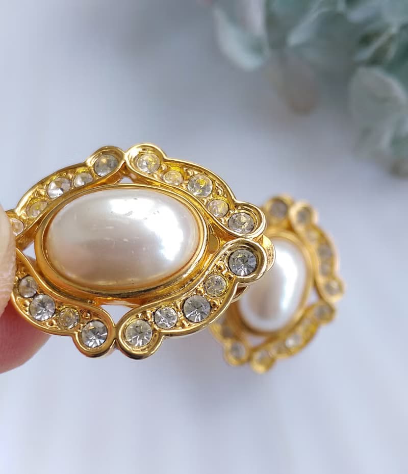 Vintage Jewelry 西洋古董飾品 鑽框 華麗 橢圓 仿珠 夾式耳環