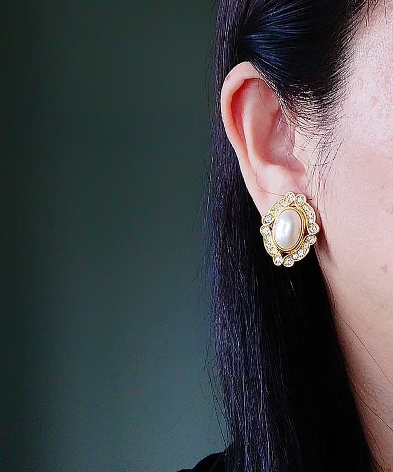 Vintage Jewelry 西洋古董飾品 鑽框 華麗 橢圓 仿珠 夾式耳環