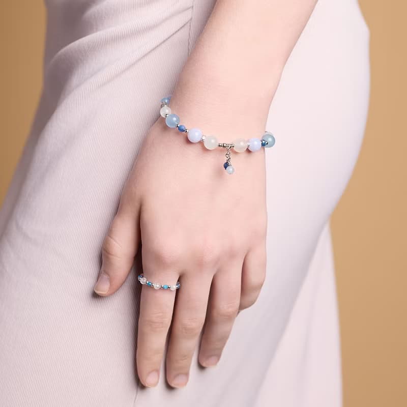 藍紋瑪瑙海藍寶月光石925銀 水晶手鍊