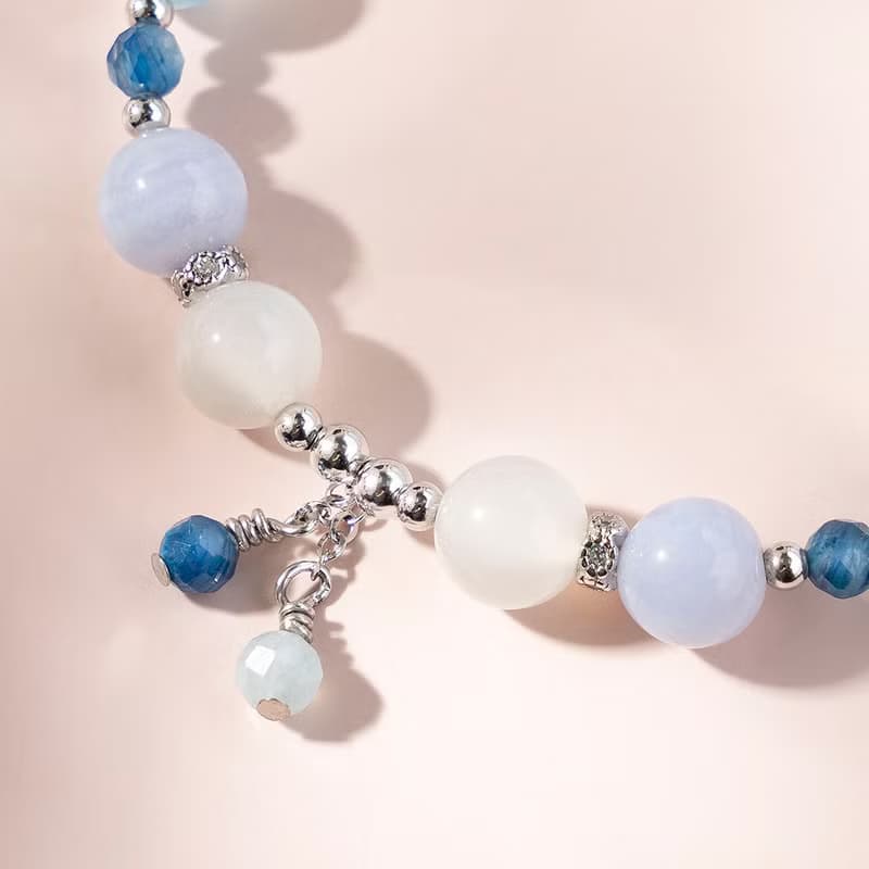 藍紋瑪瑙海藍寶月光石925銀 水晶手鍊