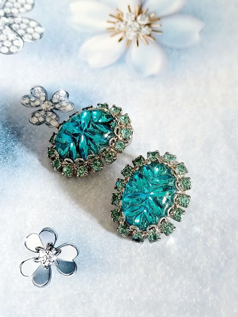 vintage jewelry Judy Lee  藍色裂紋玻璃萊茵石 夾式耳環