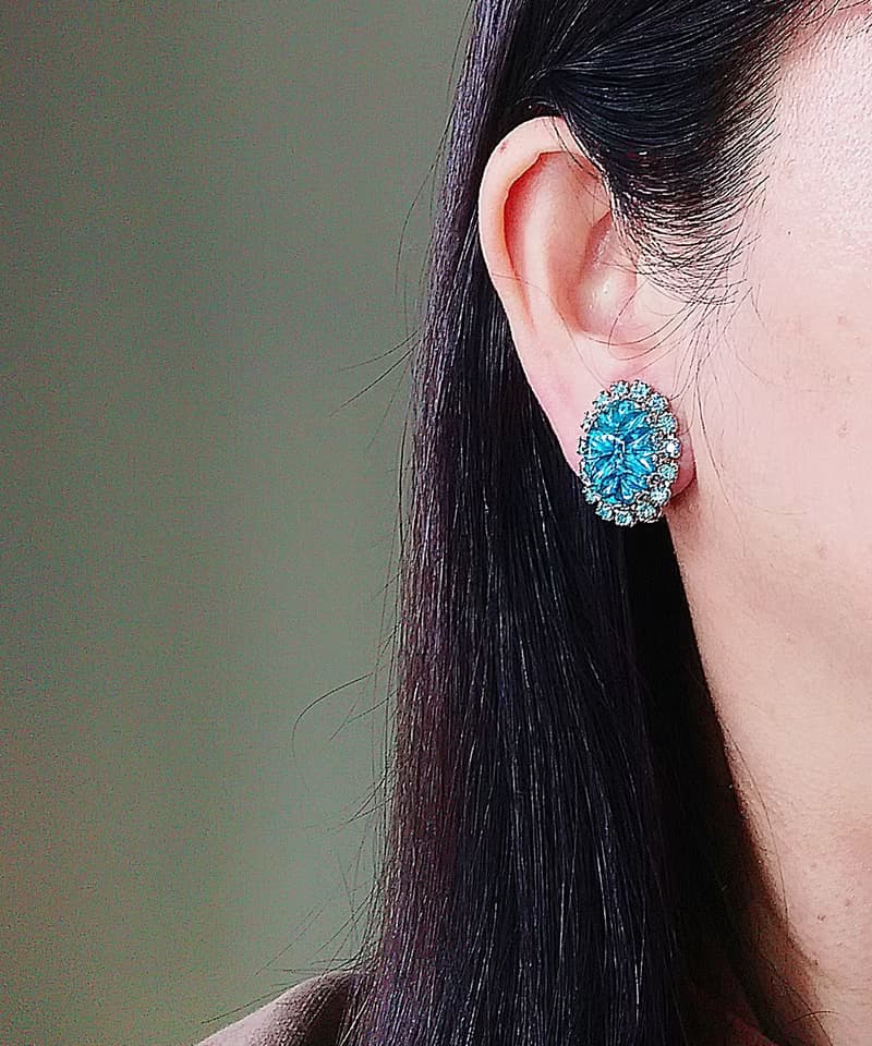 vintage jewelry Judy Lee  藍色裂紋玻璃萊茵石 夾式耳環