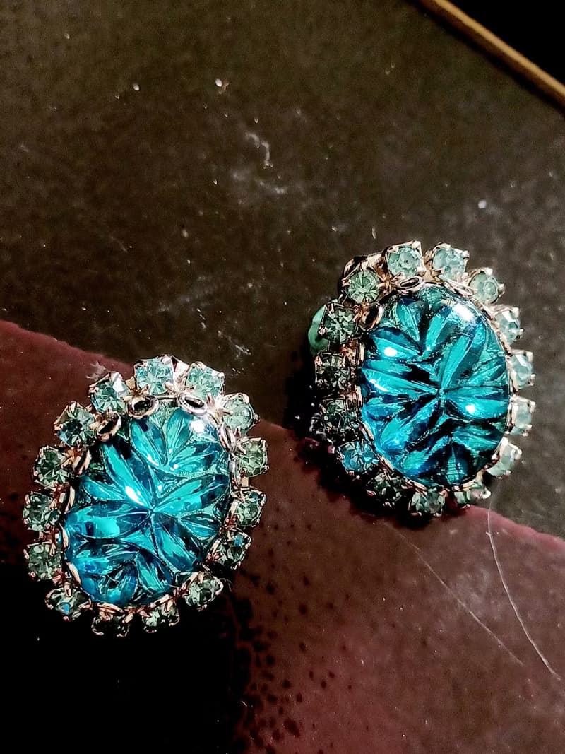 vintage jewelry Judy Lee  藍色裂紋玻璃萊茵石 夾式耳環