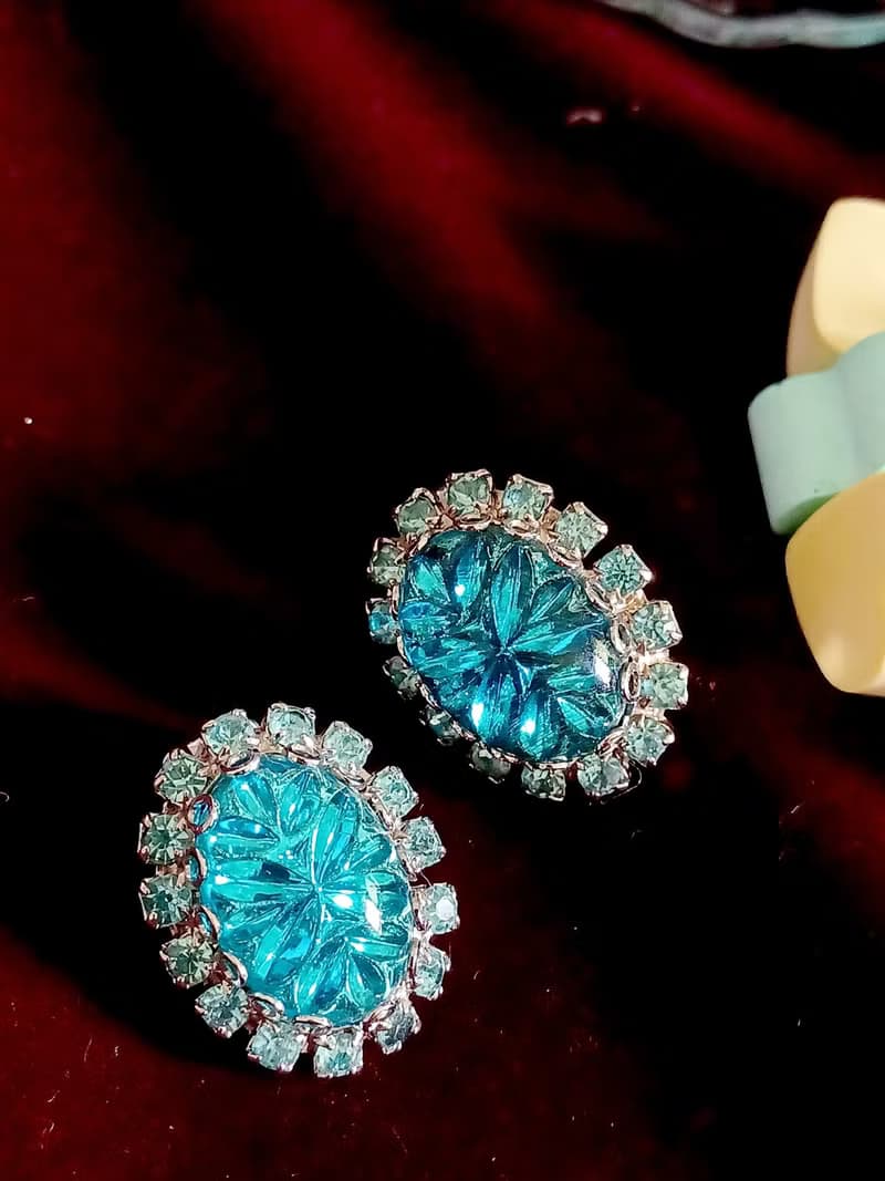 vintage jewelry Judy Lee  藍色裂紋玻璃萊茵石 夾式耳環