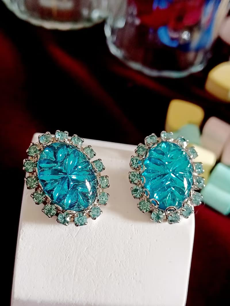 vintage jewelry Judy Lee  藍色裂紋玻璃萊茵石 夾式耳環
