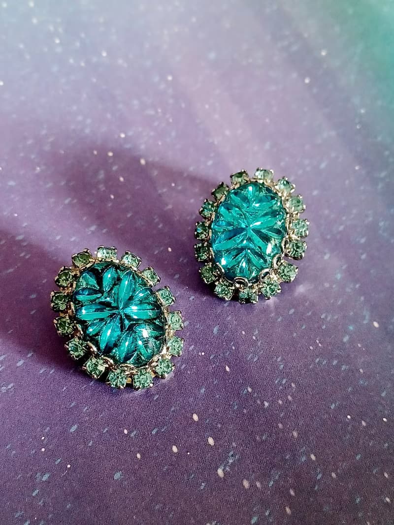 vintage jewelry Judy Lee  藍色裂紋玻璃萊茵石 夾式耳環