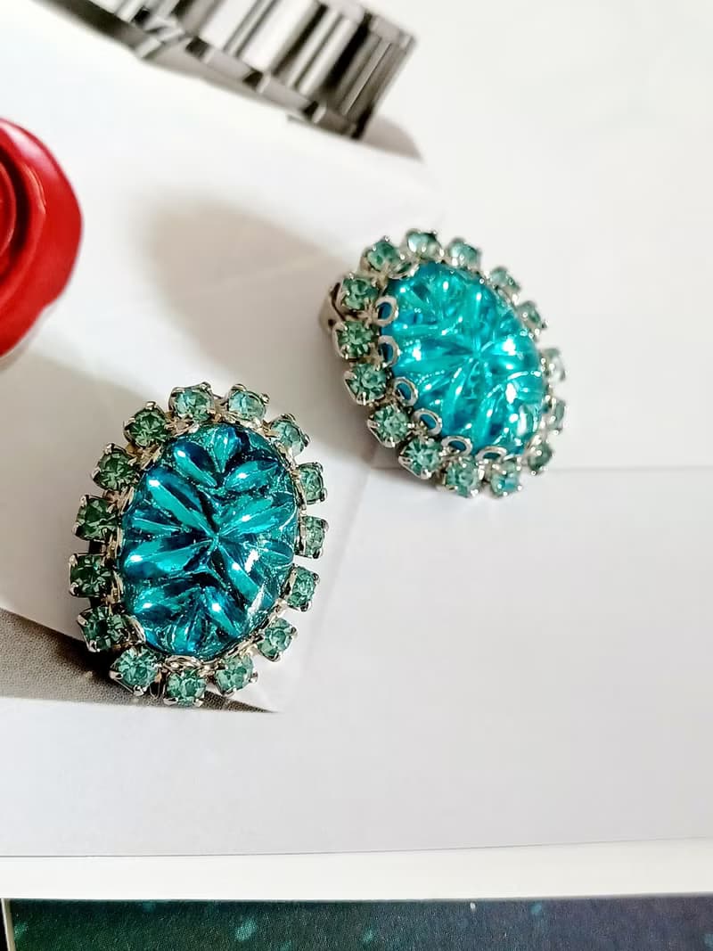 vintage jewelry Judy Lee  藍色裂紋玻璃萊茵石 夾式耳環