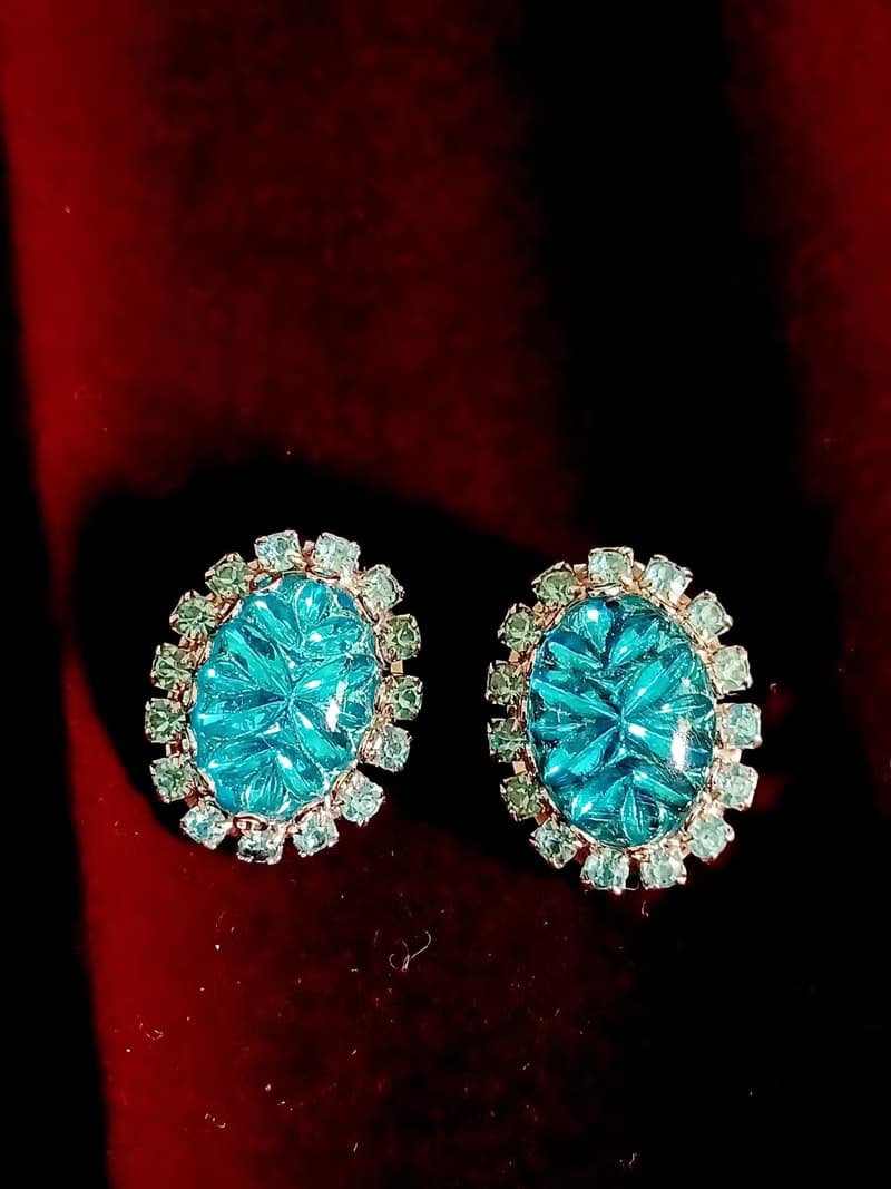 vintage jewelry Judy Lee  藍色裂紋玻璃萊茵石 夾式耳環