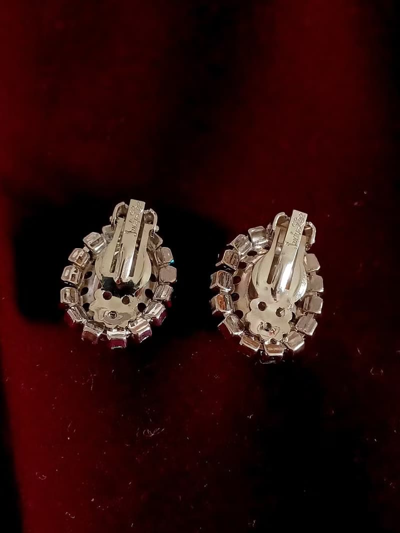 vintage jewelry Judy Lee  藍色裂紋玻璃萊茵石 夾式耳環