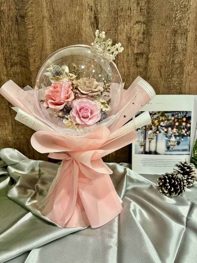 永生花波波球花束-皇冠款 乾燥花/生日/情人節/母親節//開幕/求婚