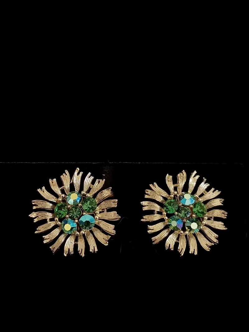 vintage jewelry  LISNER 綠芯太陽花萊茵鑽 夾式耳環