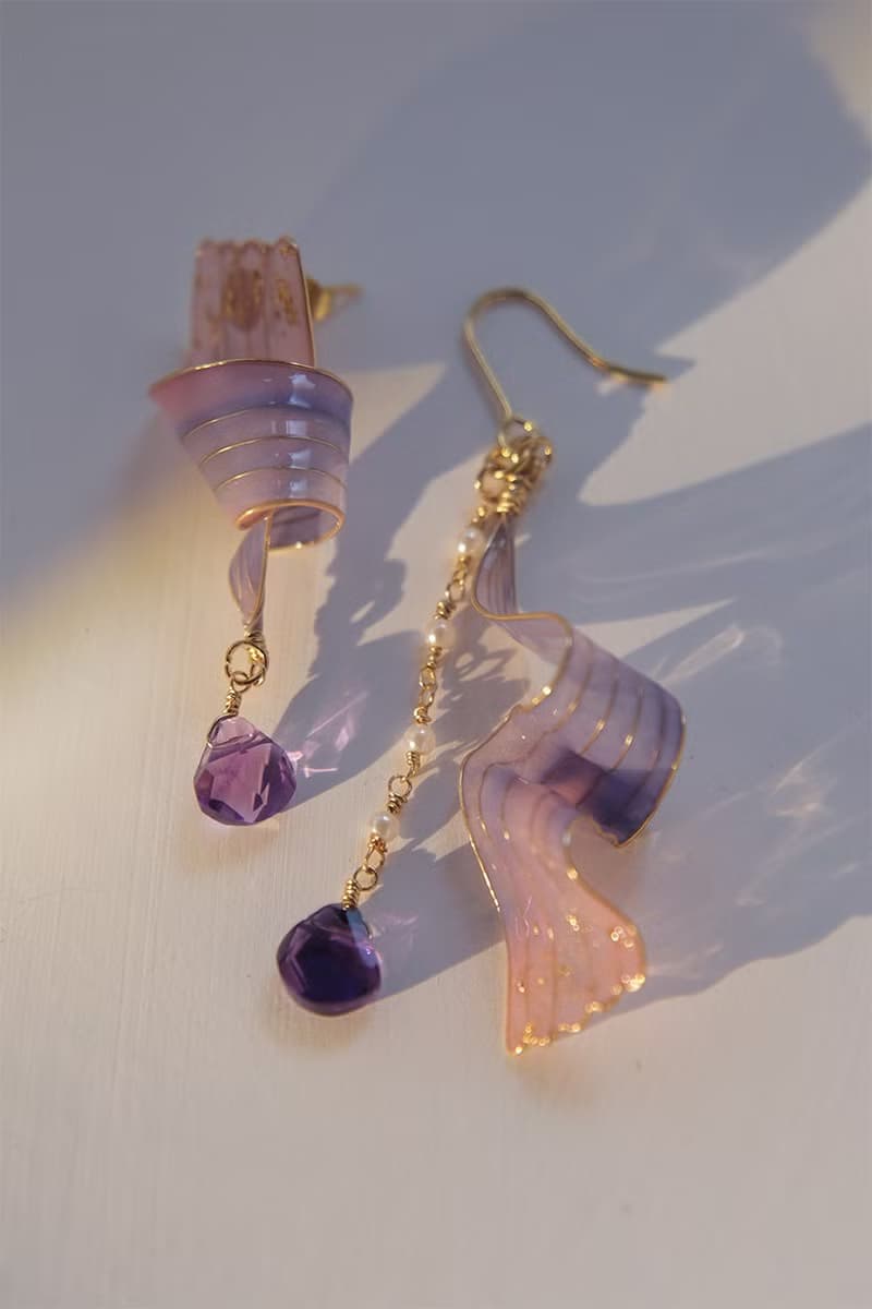原創設計 / 雲卷 / 流雲 紫水晶 手工樹脂不對襯耳環耳夾