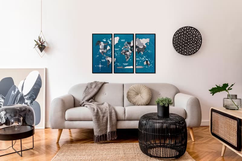 Adventure World Map, World Map on Board, Framed Wall Art, Triptych Wall Art