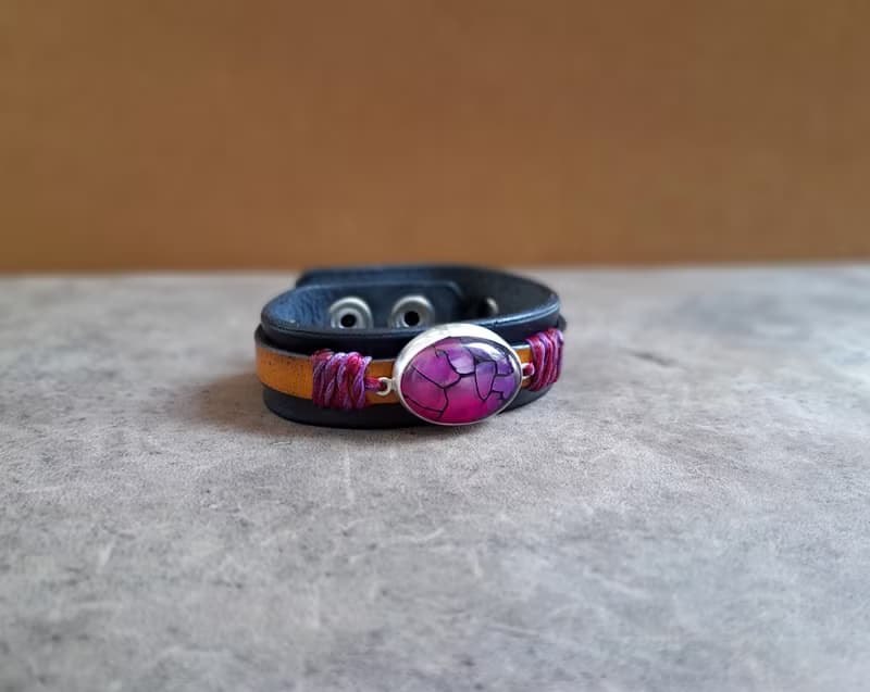 Natural Purple Dragon Veins Leather Bracelet, Silver 925