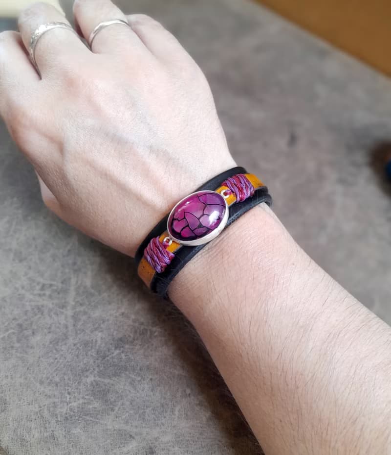 Natural Purple Dragon Veins Leather Bracelet, Silver 925