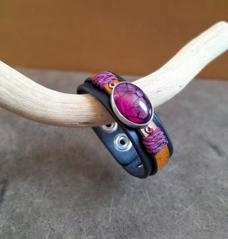 Natural Purple Dragon Veins Leather Bracelet, Silver 925