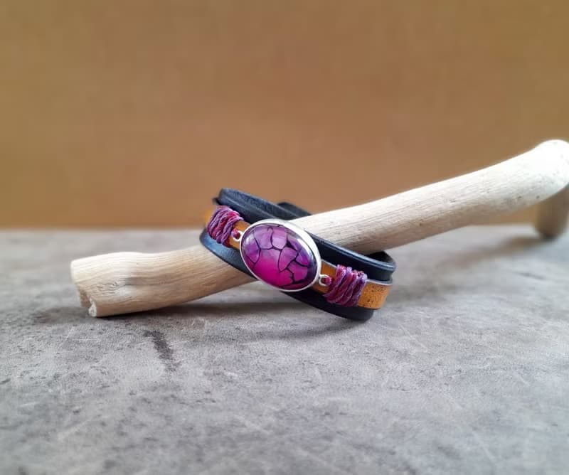 Natural Purple Dragon Veins Leather Bracelet, Silver 925