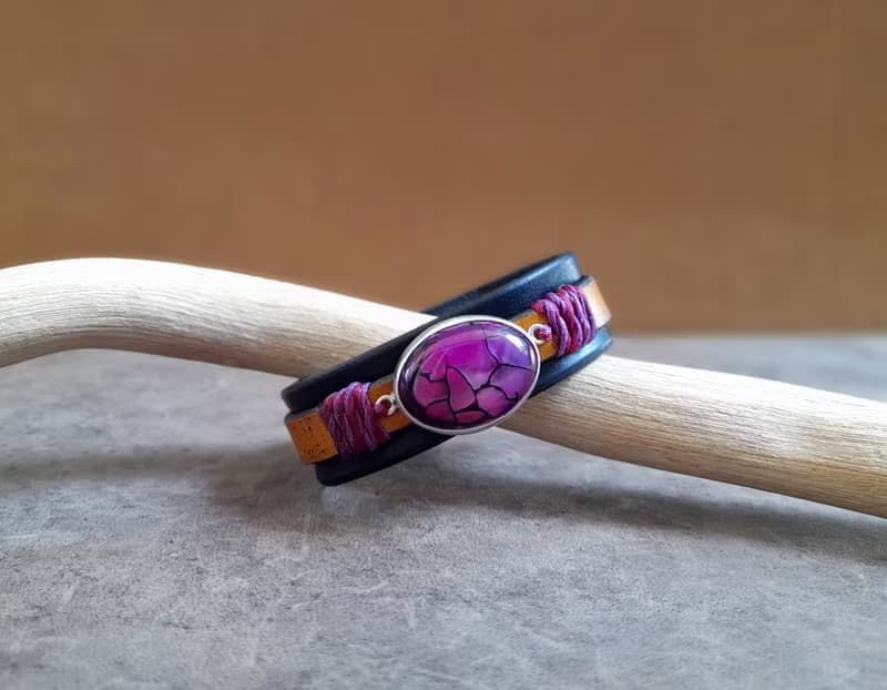 Natural Purple Dragon Veins Leather Bracelet, Silver 925