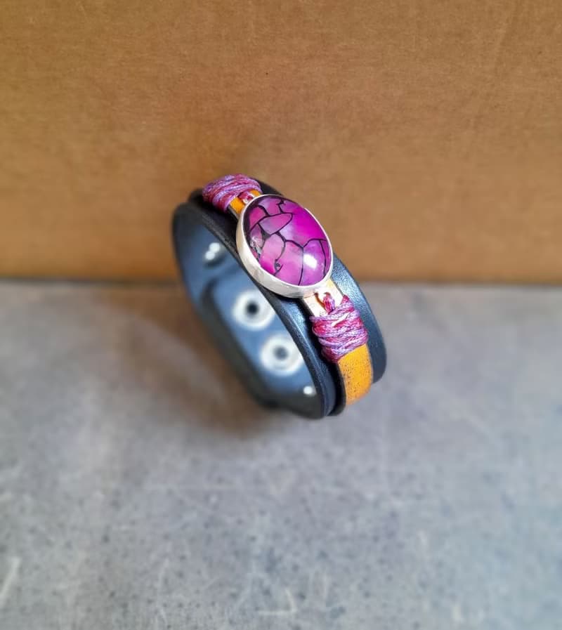 Natural Purple Dragon Veins Leather Bracelet, Silver 925