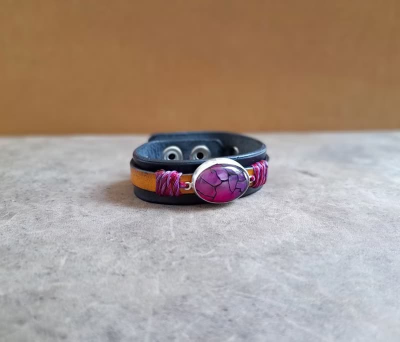 Natural Purple Dragon Veins Leather Bracelet, Silver 925