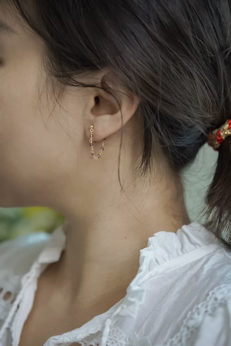 點點天然石後扣鍊條耳環 - 綠松石/石榴石 SV925 18K厚鍍金