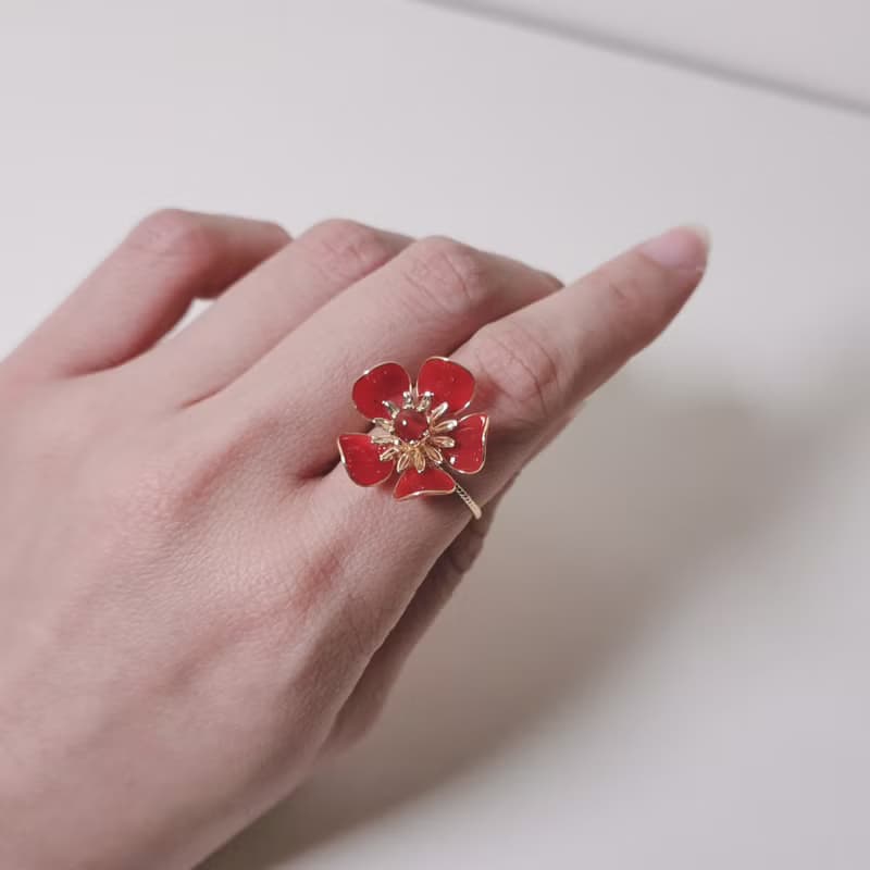 【Veverka】浮夢-戒指 生日禮物 花戒指 樹脂花 紅色花