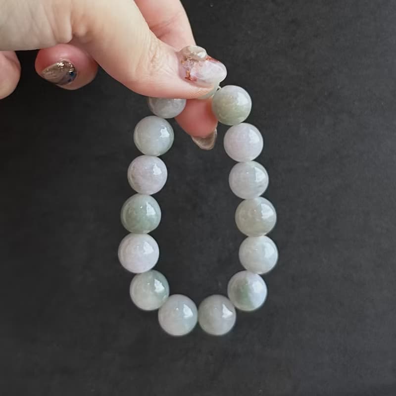 天然A貨翡翠 淡紫羅蘭飄綠花翡翠手串