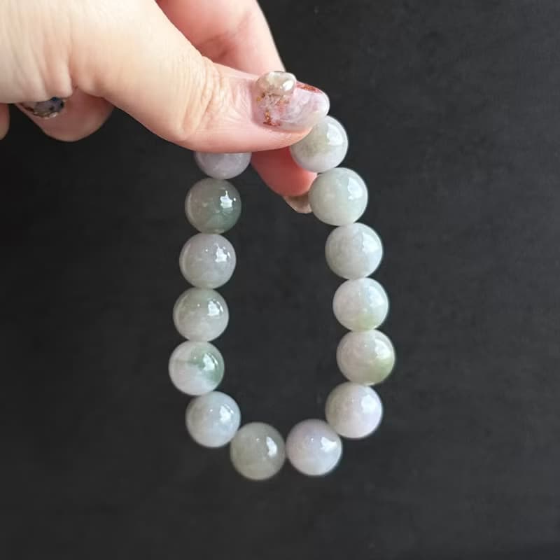 天然A貨翡翠 淡紫羅蘭飄綠花翡翠手串