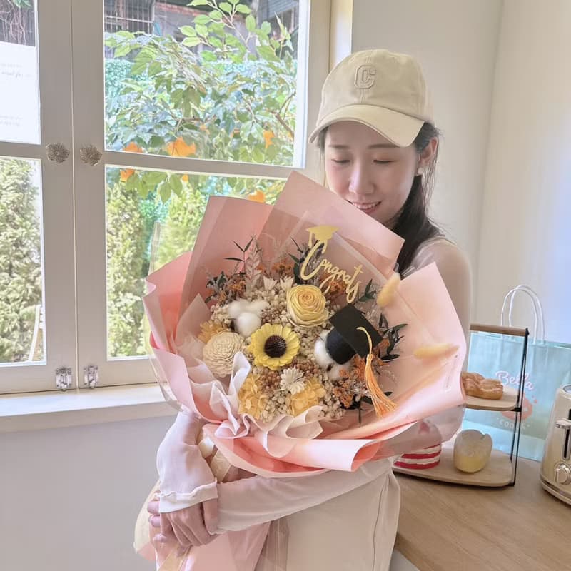 經典向日葵畢業花束 畢業花束 太陽花 滿天星 乾燥花 交換禮物