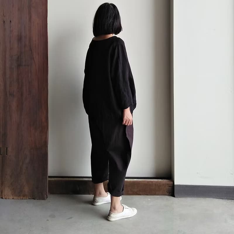 小V領八分袖衫  亞麻  水洗黑