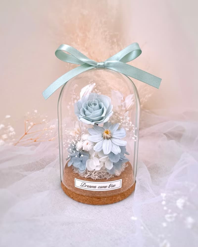 永生花玻璃盅-晨霧藍 l 不凋花玻璃盅 日本玫瑰 情人節禮物