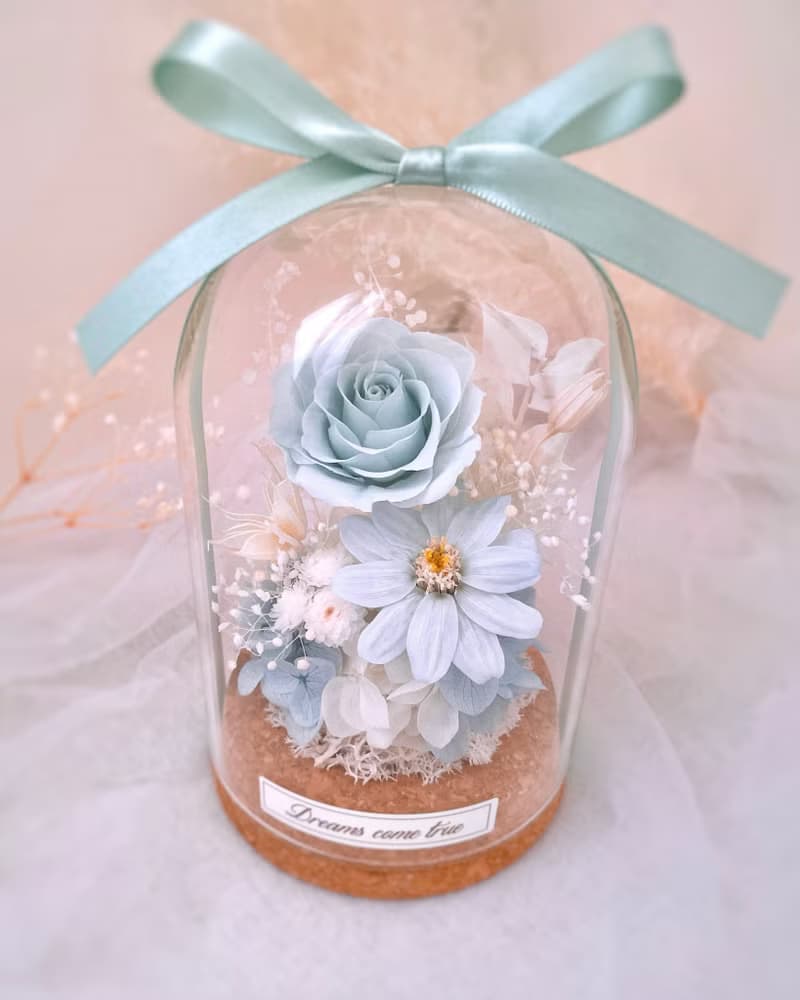 永生花玻璃盅-晨霧藍 l 不凋花玻璃盅 日本玫瑰 情人節禮物
