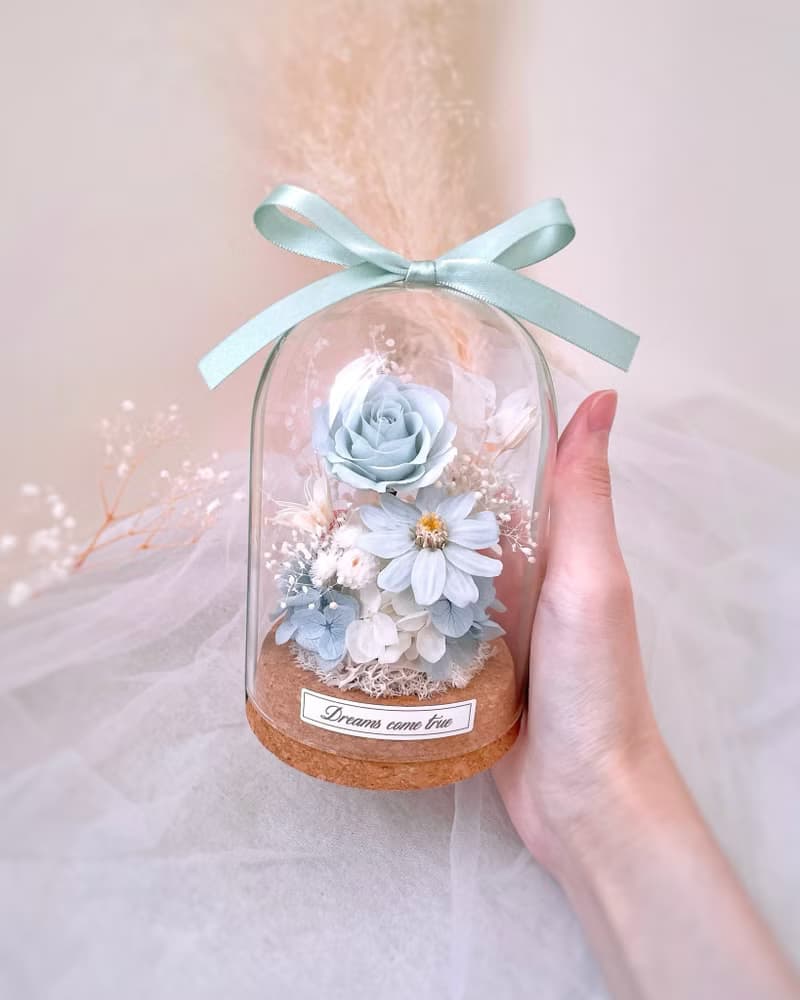 永生花玻璃盅-晨霧藍 l 不凋花玻璃盅 日本玫瑰 情人節禮物