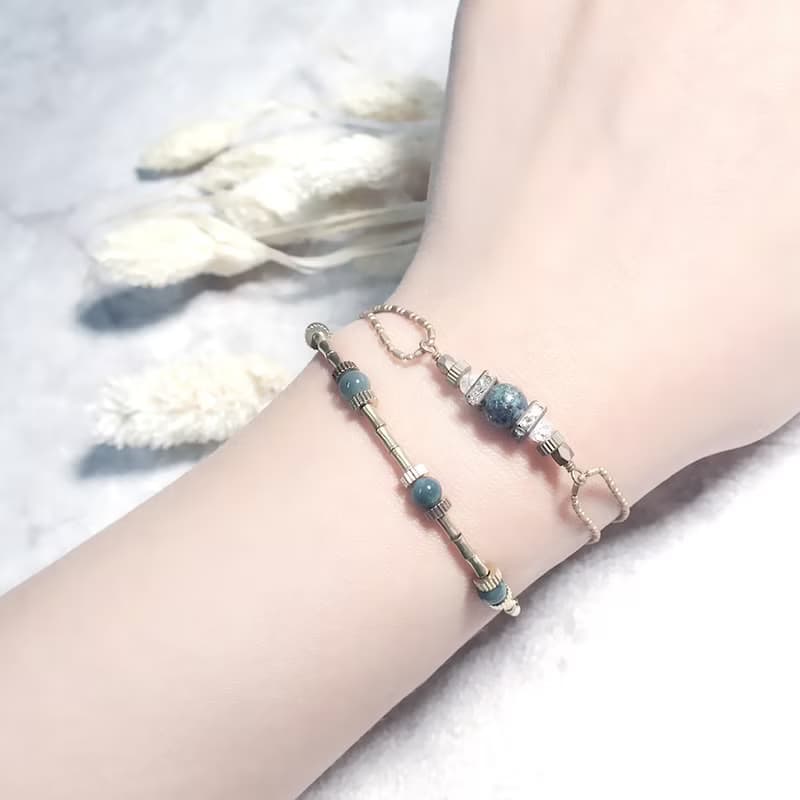 VIIART。星球-草原。水草瑪瑙黃銅手環|洗澡免拆手鍊飄花