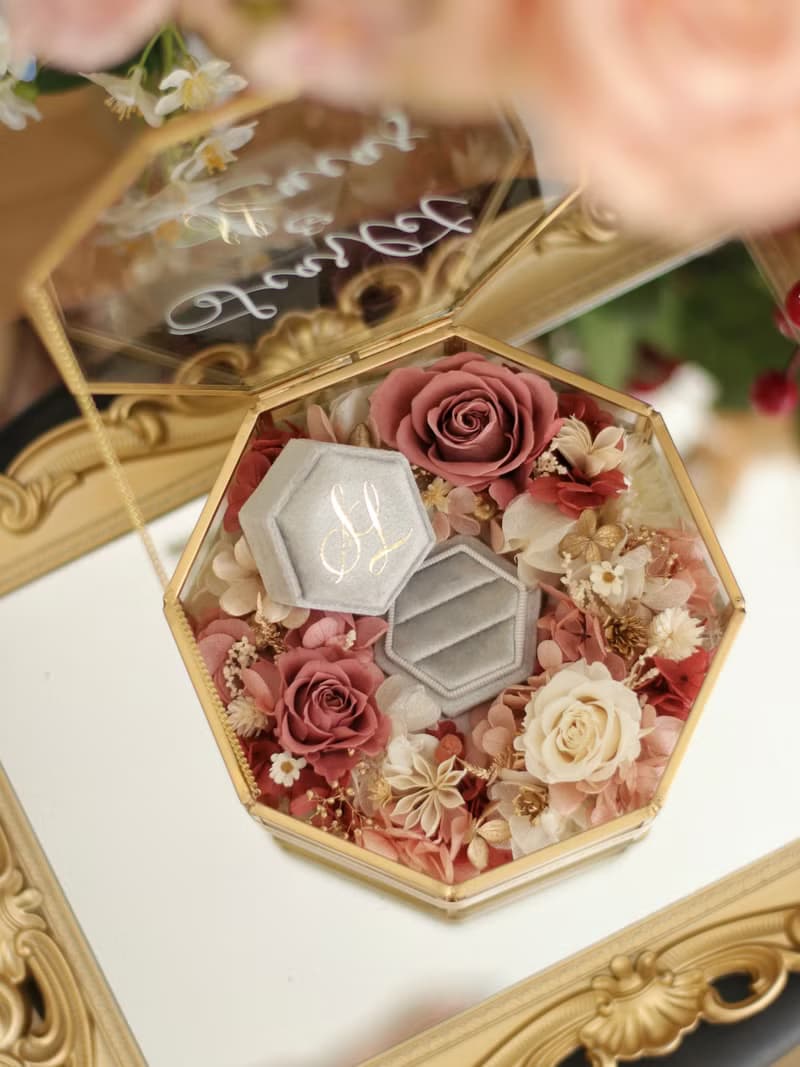 【結婚禮物】結婚對戒盒 求婚戒指盒 燙金名字 不凋花盒