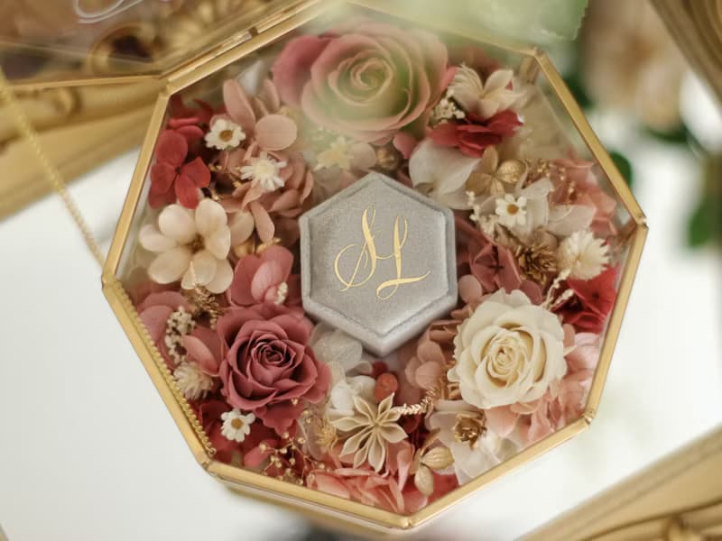 【結婚禮物】結婚對戒盒 求婚戒指盒 燙金名字 不凋花盒
