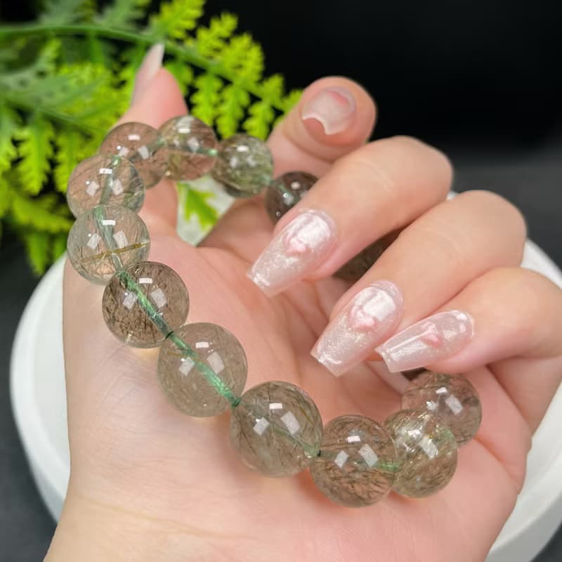 天然綠色碧璽髪晶手串14mm冰透綠色髪絲水晶男女事業財運社交脈輪
