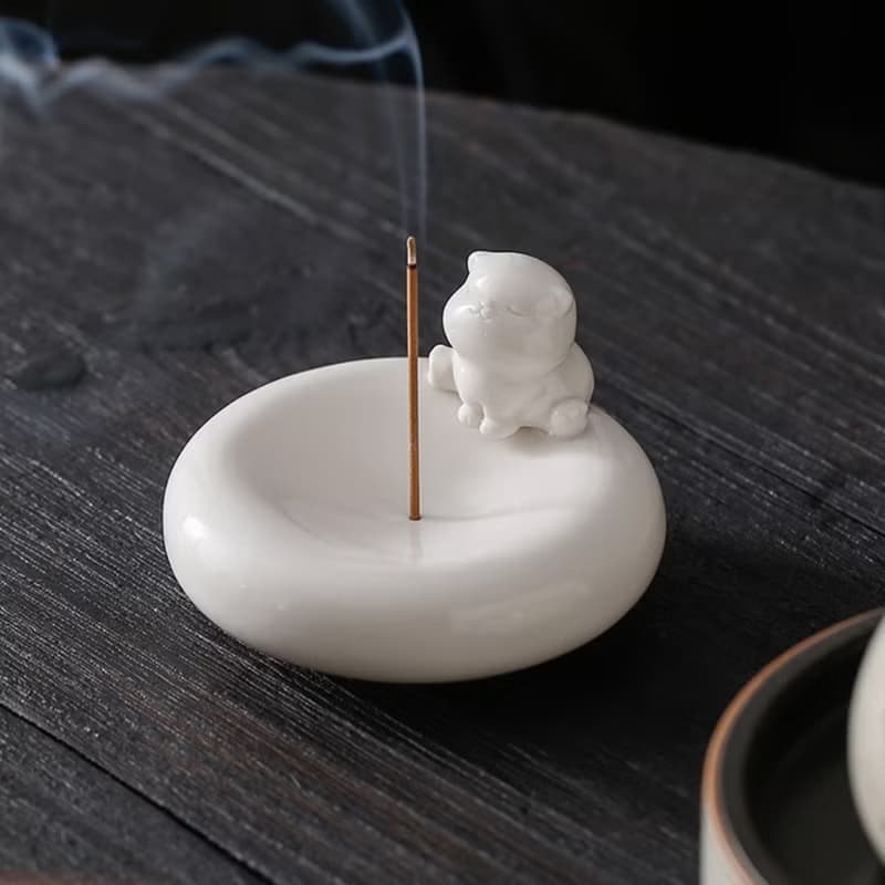 【聖誕節禮物】陶瓷小白貓香插+花調天然線香立插座 家居擺設裝飾