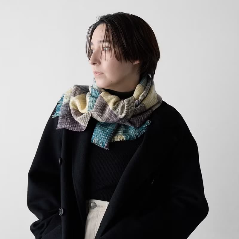 絣染棋盤格羊毛圍巾-綠