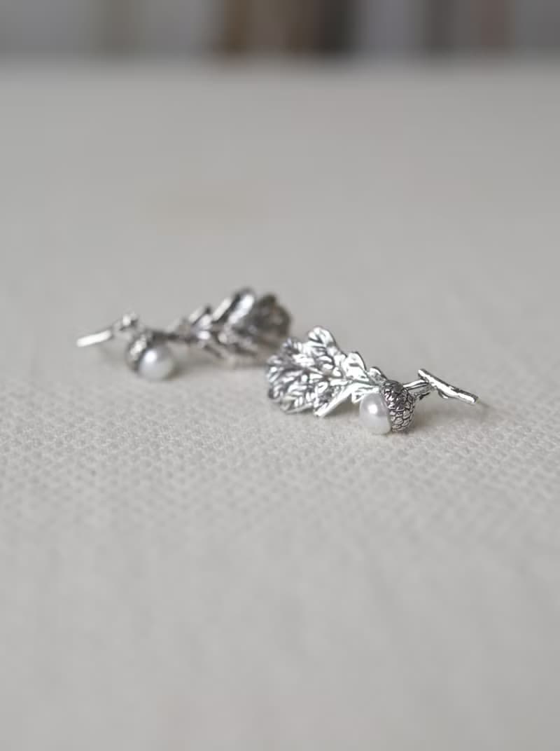 純銀珍珠橡實樹葉耳環