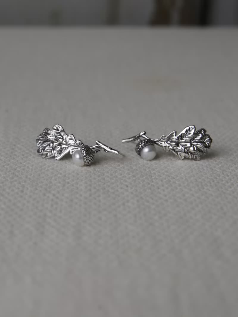 純銀珍珠橡實樹葉耳環
