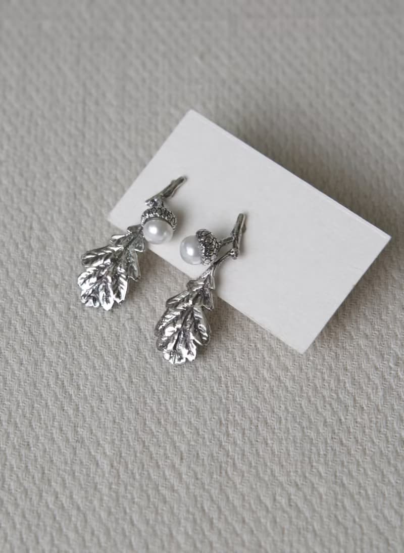 純銀珍珠橡實樹葉耳環
