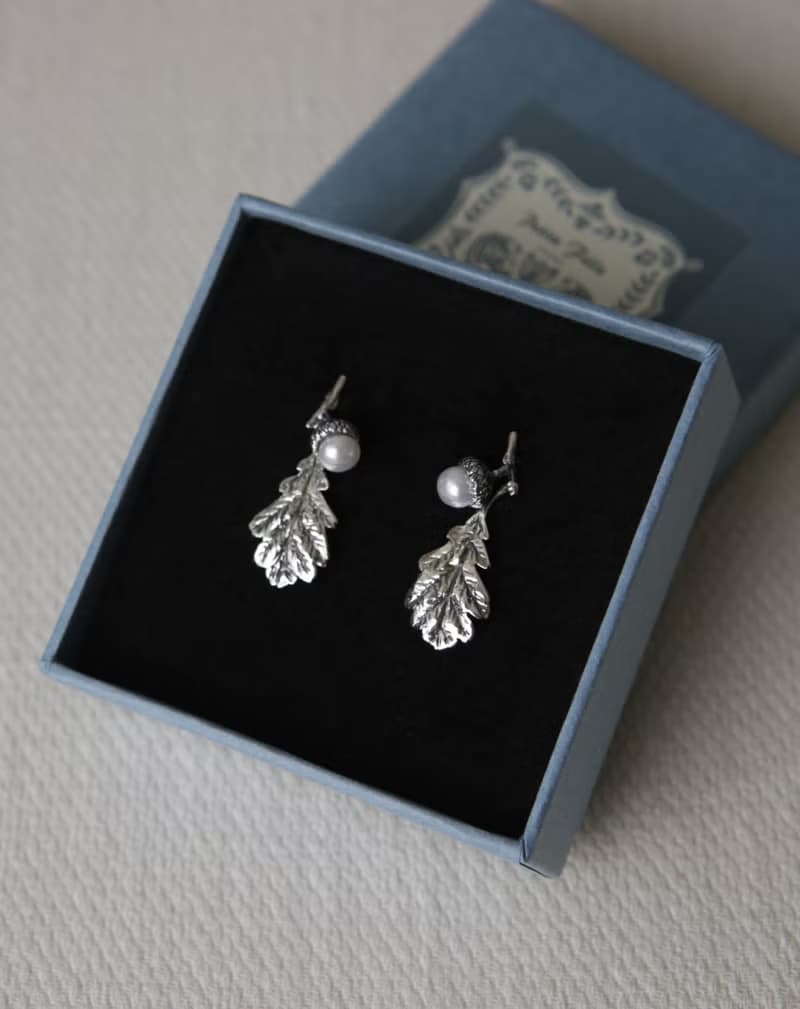 純銀珍珠橡實樹葉耳環